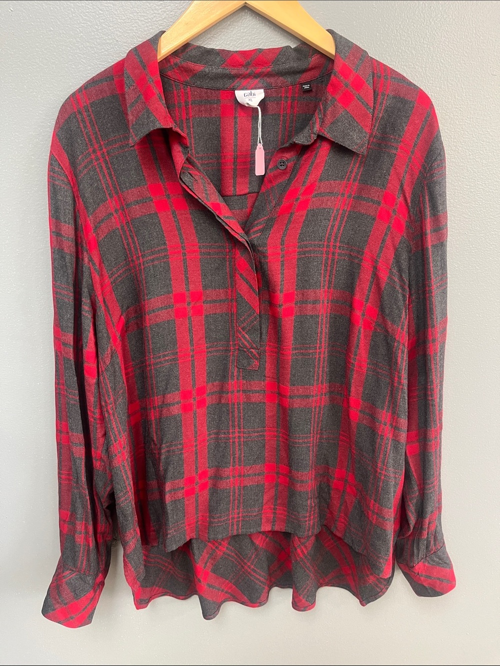 CAbi Red and Gray Plaid Button-Front Shirt